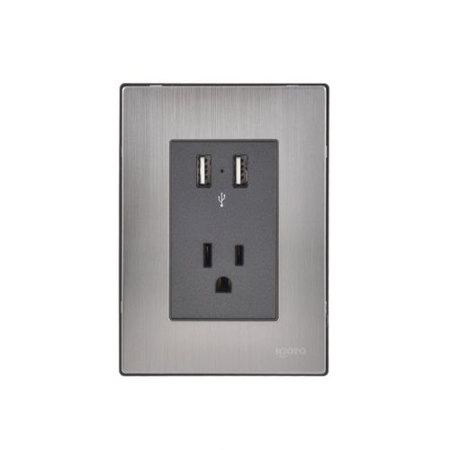 Placa armada Inox con 2 mecanismos de toma usb, de 2.1 Amp. Y 1 contacto de 1 módulo. oxford IGOTO