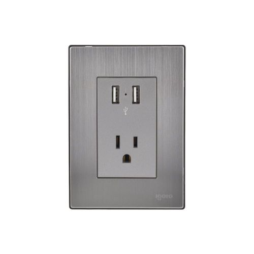 Placa armada Inox con 2 mecanismos de toma usb, de 2.1 Amp. Y 1 contacto de 1 módulo. plata IGOTO