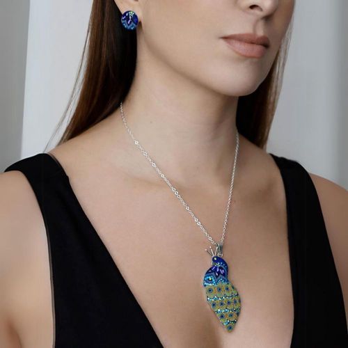 Collar y aretes Pavorreal azul con plata .925 Zvezda
