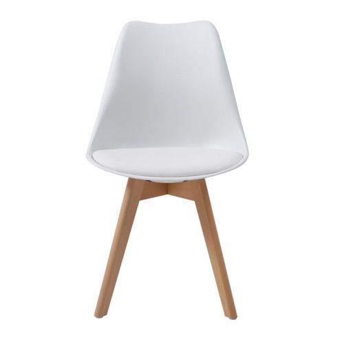 Silla de Comedor con Asiento Acolchado en Vinipiel Blanco y Patas de Madera de Haya