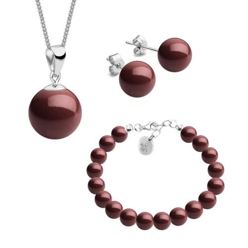 Collar aretes y pulsera Perlas de cristal Vino plata .925 Zvezda