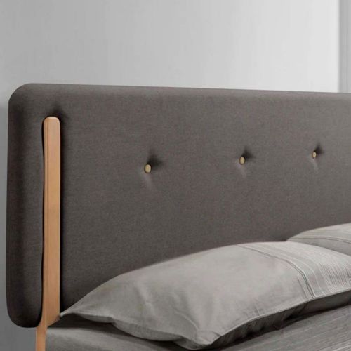 Cabecera Botonada para Cama Matrimonial Tapizada en Tela de Lino Gris con Estructura de Madera