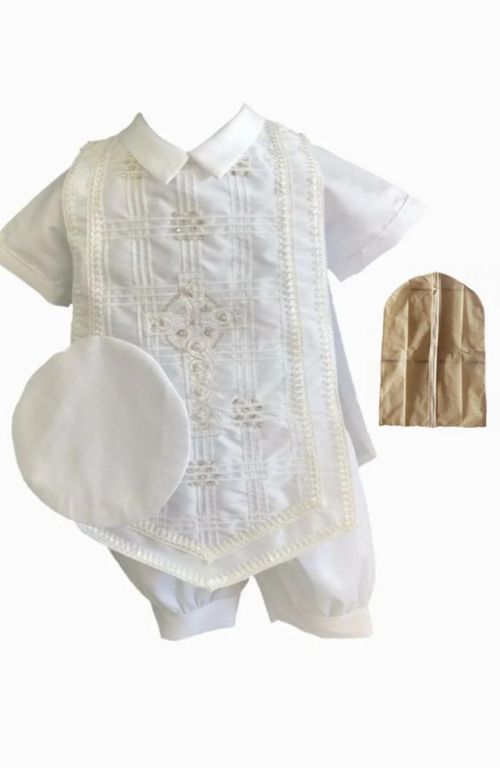 Traje Bautizo Niño Ropón Bombacho Shantung Estola Bordada