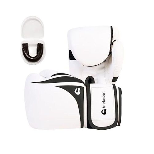 Guantes de Box Bluelander 16 Oz Blanco y Negro Protector Bucal Incluido