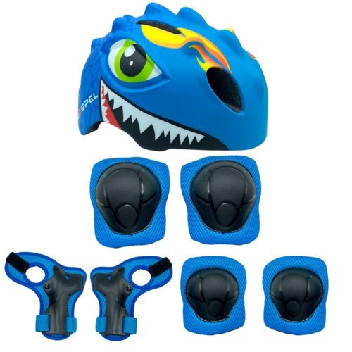 Kit Junior Infantil Casco Coderas Rodilleras Dinosaurio Azul