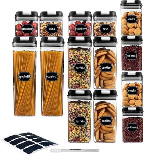 Juego de 14 Recipientes Herméticos para Alimentos, Organización de Cocina,Etiquetas de Identificación Lavable, 4 Tamaños
