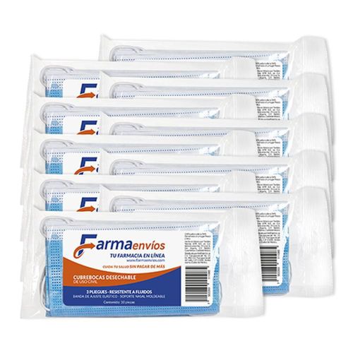 FARMAENVIOS 10 PAQ. DE 10 PZS CUBREBOCAS DE 3 CAPAS CON AJUSTE NASAL P