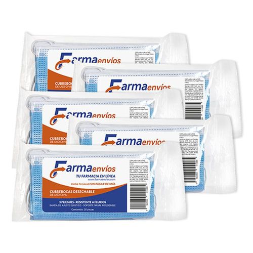 FARMAENVIOS 5 PAQ. DE 10 PZS CUBREBOCAS DE 3 CAPAS CON AJUSTE NASAL Pa