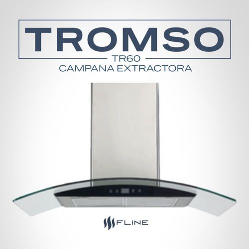 FLINE | Campana de cocina 60 cm | DE PARED | Controles Touch |extractora | cristal curvo y  acero Inoxidable | 3 velocidades | Tromso 60