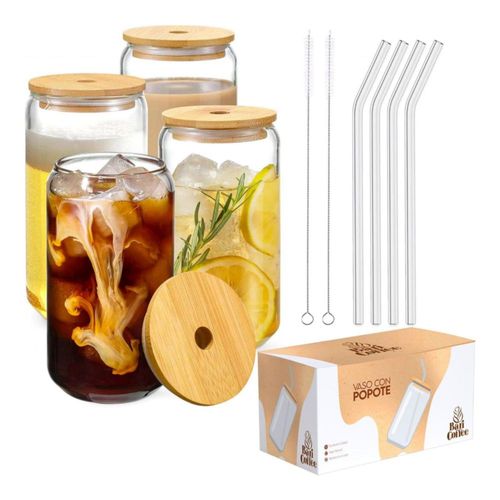 Juego de 4 Vasos de Cristal Baricoffee con Tapa de Bambú 16 Oz