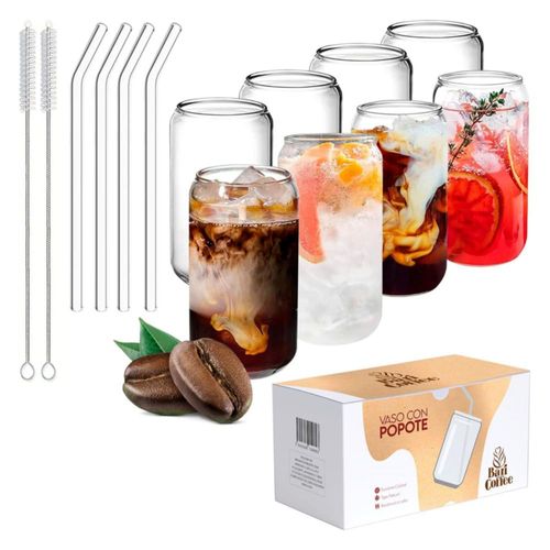Juego de 8 Vasos de Cristal Baricoffee sin Tapa de Bambú 16 Oz