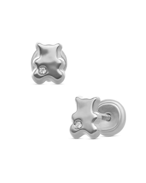 Broqueles Oso Oro Blanco 14K Con Diamante PRB-139-A