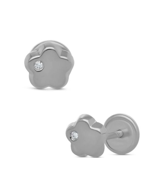 Broqueles Flor Oro Blanco 14K Con Diamante PRB-116-A