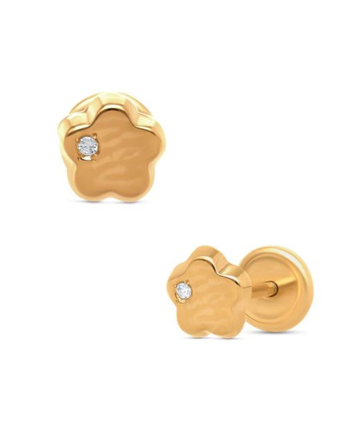 Broqueles Flor Oro 14K con 1 pt Diamante PRB-140-A