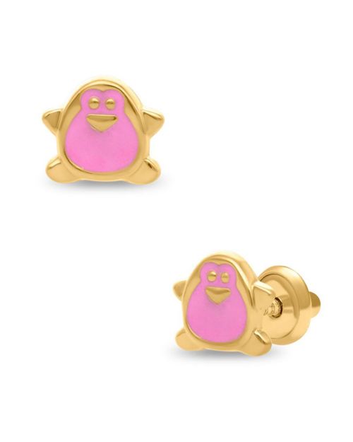 Broqueles PingÃ¼ino Oro Amarillo 14K Esmalte Rosa PRB-76-A