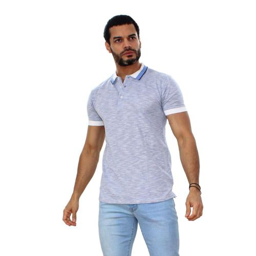 PLAYERA POLO GRIS HASPEADO AZUL CUELLO BLANCO AZUL