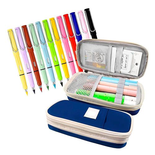 Estuche De Gran Capacidad Azul Más 12 Lápices Infinitos