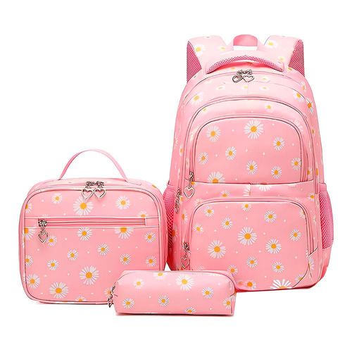 Set Mochila Lonchera Y Estuche Con Flores 3 Piezas Rosa