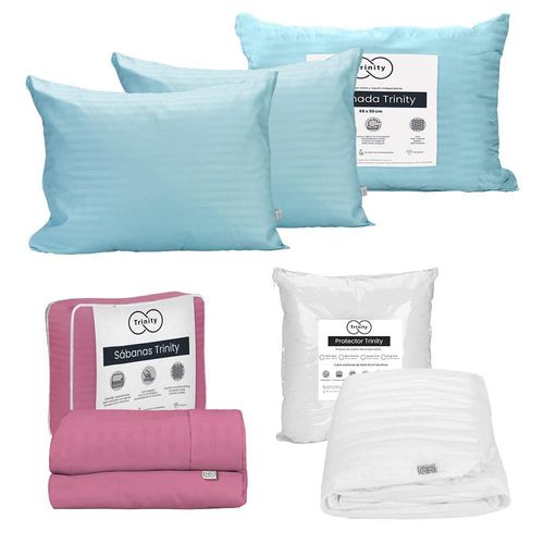 Protector de colchón Queen Size Trinity + Sábanas Trinity + 2 Almohadas Trinity TRY