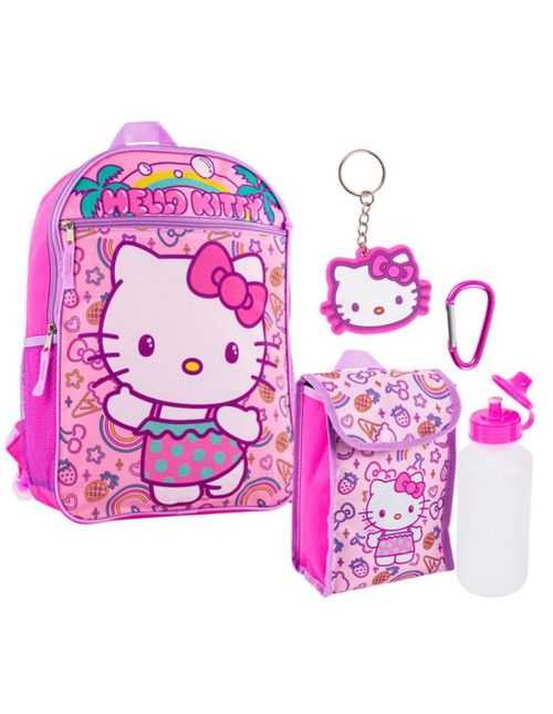 Set de Mochila con Lonchera, Llavero, Bote para el agua y Clip de Hello Kitty