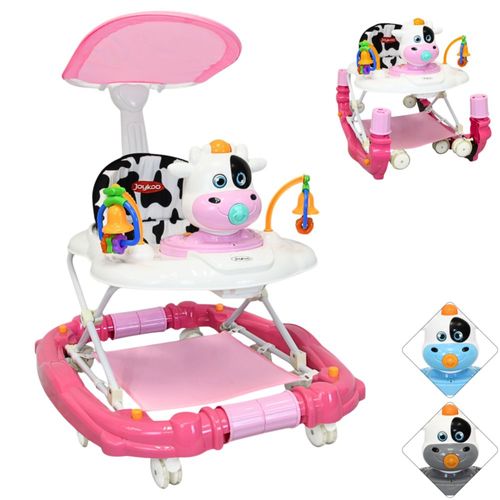Andadera para Bebé Mecedora Vaca con Sonido Bastón Toldo Altura Ajustable Ruedas de Goma Apta desde 6 meses - Rosa