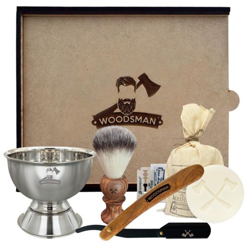 Woodsman Kit De Afeitado Con Porta Navaja Negra, Brocha, 5 Jabones, 10 Navajas y Bowl de Acero en Estuche de Caja