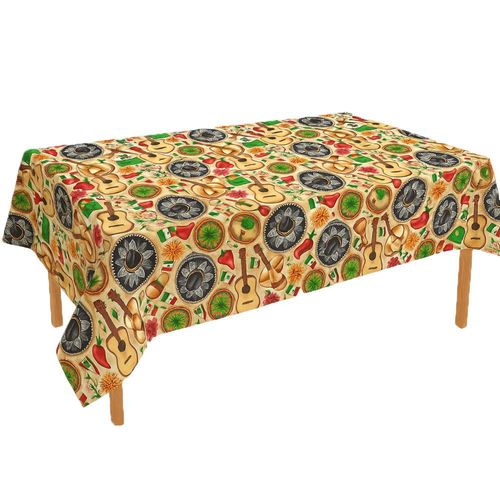 Mantel Mexicano Decorativo 145x180 cm | Diseño Tradicional con Sombreros, Guitarras y Banderas - Ideal para Fiestas Patrias