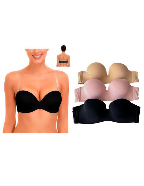 3 Brasieres Strapless con Tirantes Transparentes y del color de Bra Pack incluye 6 Colores Diferentes 6846