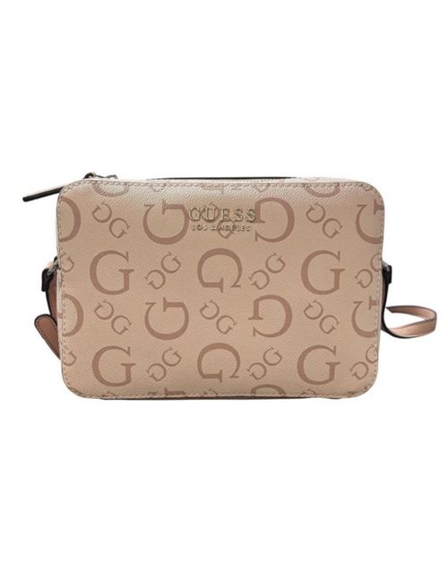 Bolsa Crossbody Guess color rosa claro con letras resaltadas, logo centrado