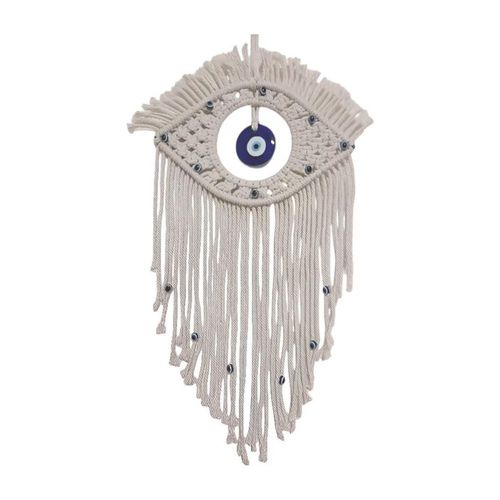 Ilios Innova | Tapiz Colgante de Algodón Boho Ojo Turco Tejido a Mano, Decoración de Pared, Beige con Detalles en Azul, Amuleto Protector para Hogar.