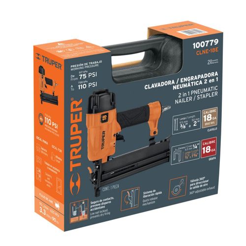 AM3K ofrece clavadora y engrapadora neumática profesional CLNE-18E, calibre 18, para trabajos precisos en carpintería y tapicería.
