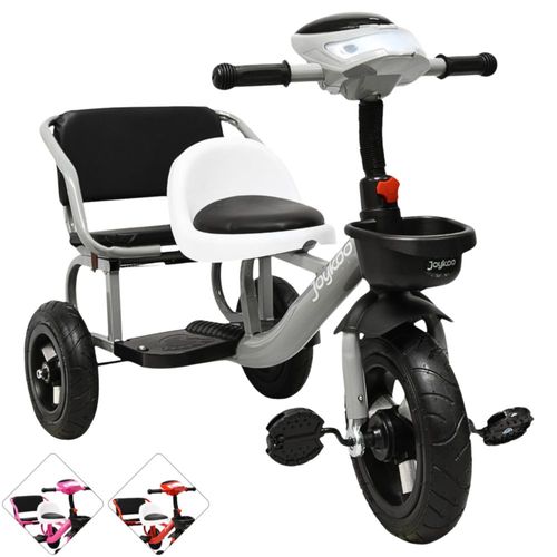 Triciclo para Niños Doble Asiento Gemelar Torreta con Luz y Sonido Ruedas de Goma Apto a partir de 2 Años - Gris