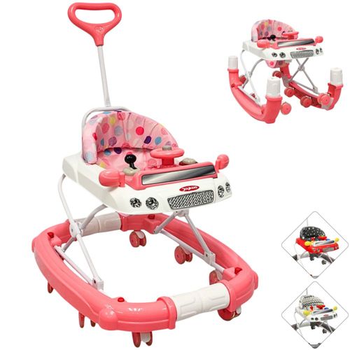 Andadera para Bebé Mecedora Luz y Sonido Diseño de Carrito Bastón Dirigible Alturas Ajustables Plegable Ruedas de Goma - Rosa