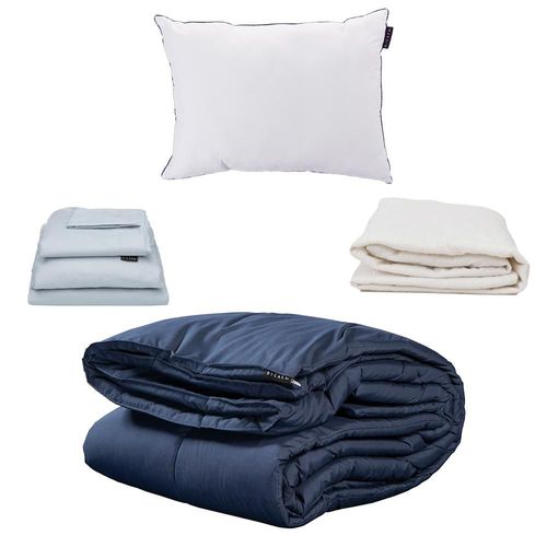 Edredón Individual Homy Azul Marino + Protector Ultra + Sábanas Softy Platino + Almohada One RGH