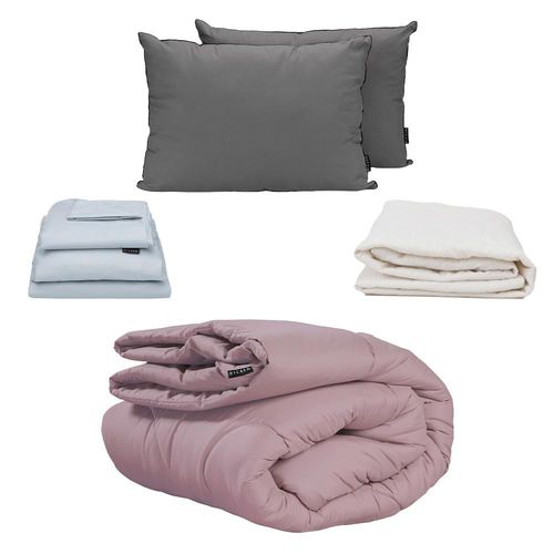 Edredón King Size Homy Lila + Protector Ultra + Sábanas Softy Platino + Almohada 2 Pack RGH