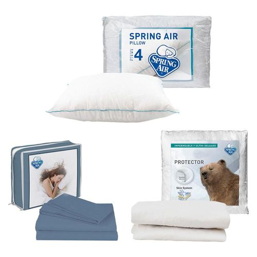 Protector de colchón Individual Spring Air Ultra + Sábanas Basic Azul Acero + Almohada Osos TRY