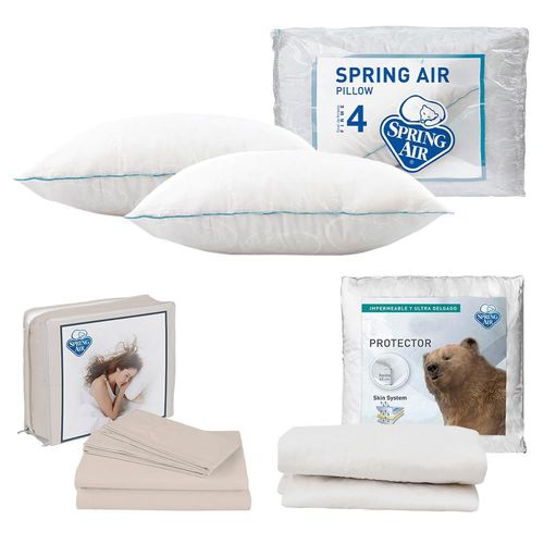 Protector de colchon King Size Spring Air Ultra + Sábanas Basic Crema + 2 Almohadas Osos TRY
