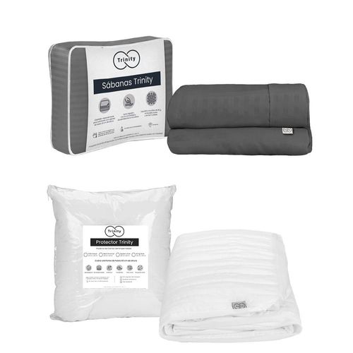 Protector de colchón Queen Size Trinity + Sábanas Trinity Gris TRY