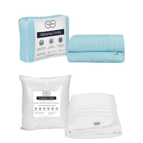 Protector de colchón King Size Trinity + Sábanas Trinity Azul Cielo TRY