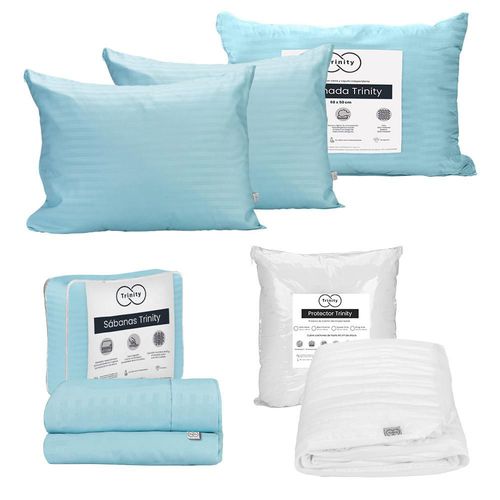 Protector de colchón Matrimonial Trinity + Sábanas Trinity Azul Cielo + 2 Almohadas Trinity TRY