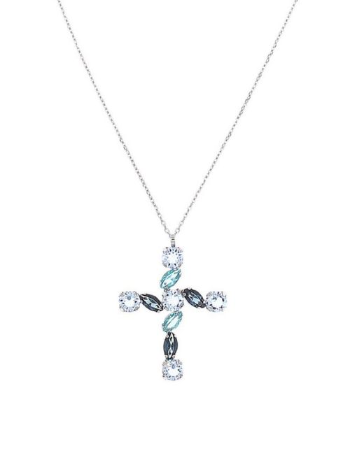 Dije De Cruz Con Cadena De Plata 925 Con Zirconias De Colores (31 X 22Mm Aprox)