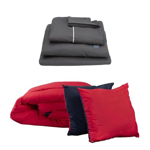 Set de Edredón King Size Doble Vista Couzy Rojo-Azul Marino + Sábanas Royal Gris RGH