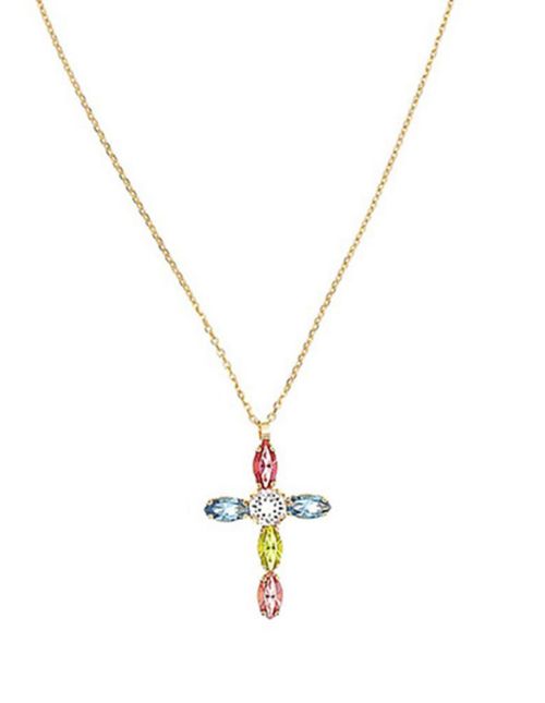 Dije De Cruz Con Cadena De Plata Dorada 925 Con Zirconias De Colores (27 X 16Mm Aprox)