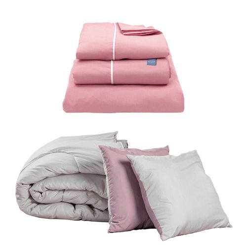 Set de Edredón Individual Doble Vista Couzy Lila-Gris + Sábanas Royal Rosa RGH