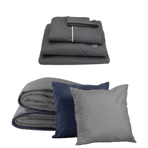 Set de Edredón Queen Size Doble Vista Couzy Azul Marino-Gris + Sábanas Royal Gris RGH