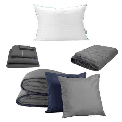 Set de Edredón Individual Doble Vista Couzy Azul Marino-Gris + Sábanas Royal Gris + Protector Lux + Almohada Royal  RGH