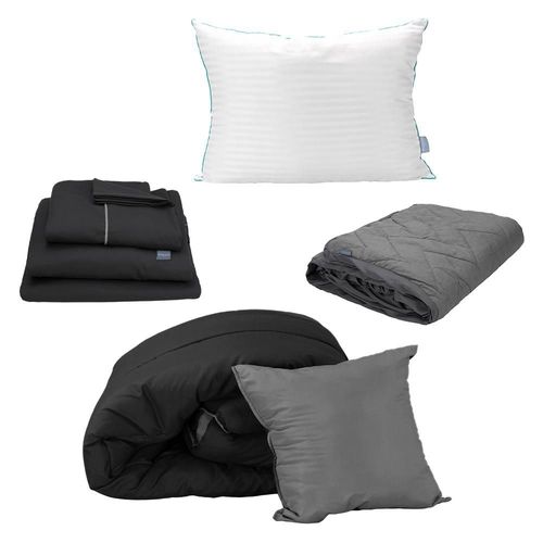 Set de Edredón Individual Doble Vista Couzy Negro-Gris + Sábanas Royal Negro + Protector Lux + Almohada Royal RGH