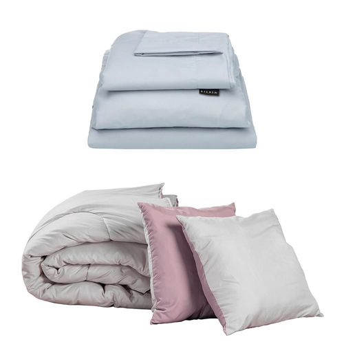 Set de Edredón King Size Doble Vista Couzy Lila-Gris + Sábanas Softy Platino RGH