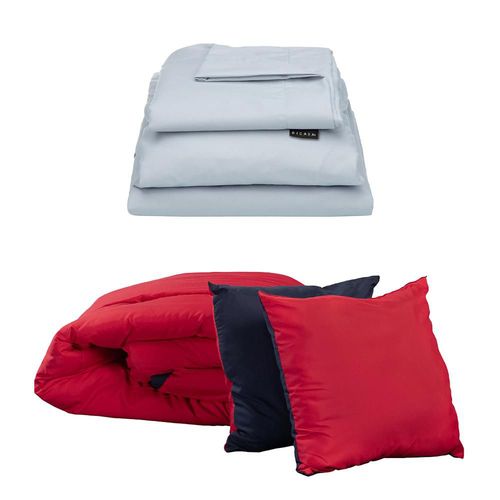 Set de Edredón Queen Size Doble Vista Couzy Rojo-Azul Marino + Sábanas Softy Platino RGH