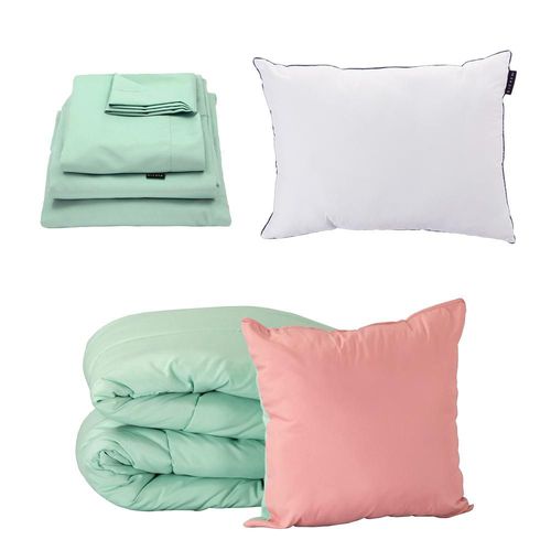 Set de Edredon Individual Doble Vista Couzy Rosa-Menta + Sabanas Softy Menta + Almohada One RGH